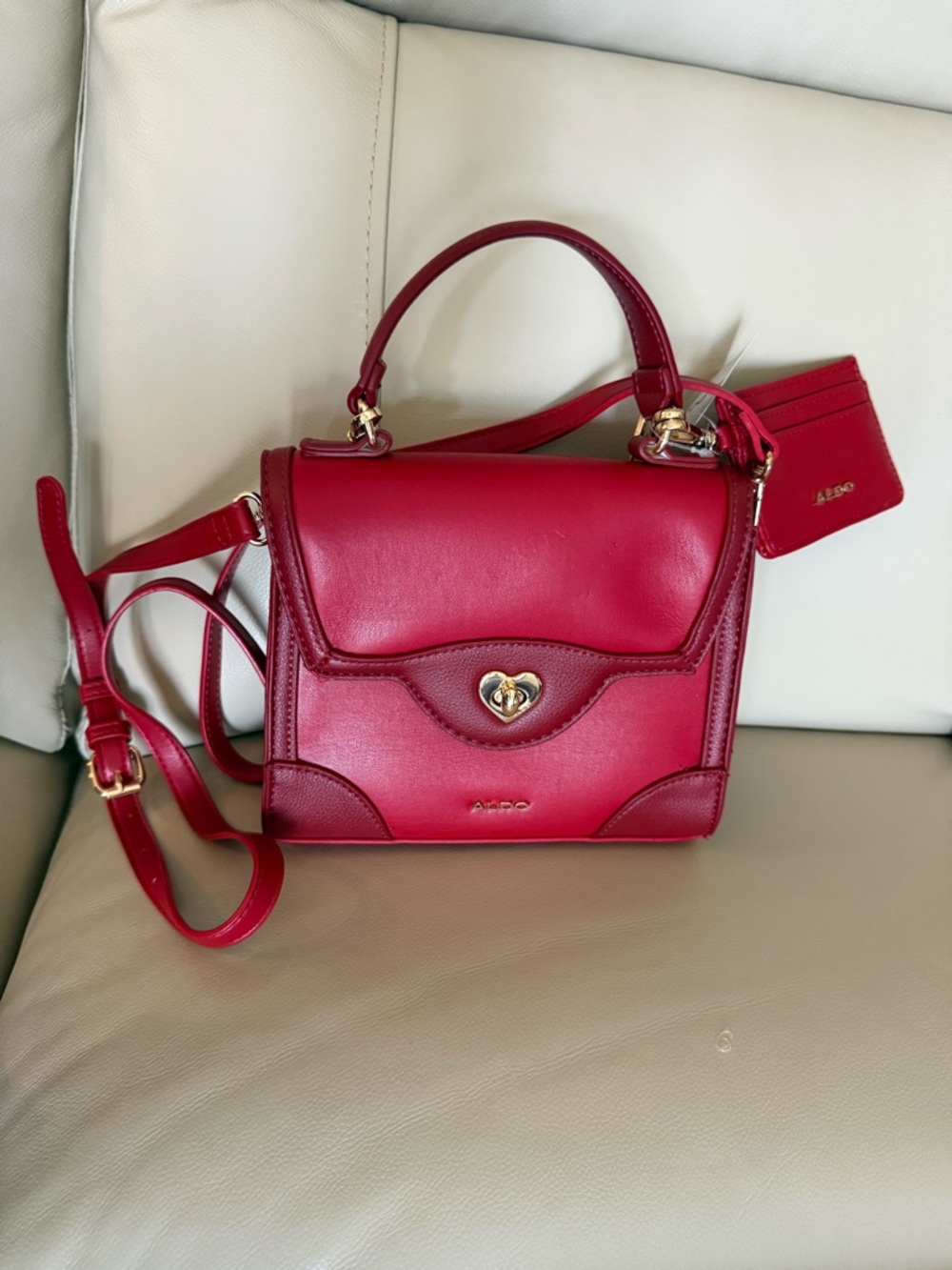 Aldo Red Structured Leather Top-Handle Satchel with Cardholder